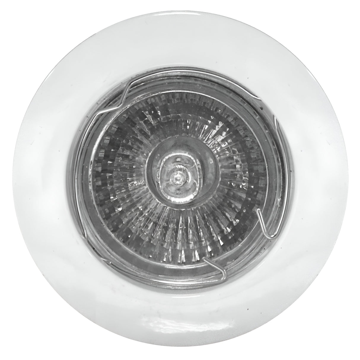 A close-up highlights the PowerMaster 3 Pack Recessed Downlights with a round LED, clear lens, and white frame. The textured interior has concentric patterns, enhanced by aluminum alloy construction and two wire clasps for simple installation.