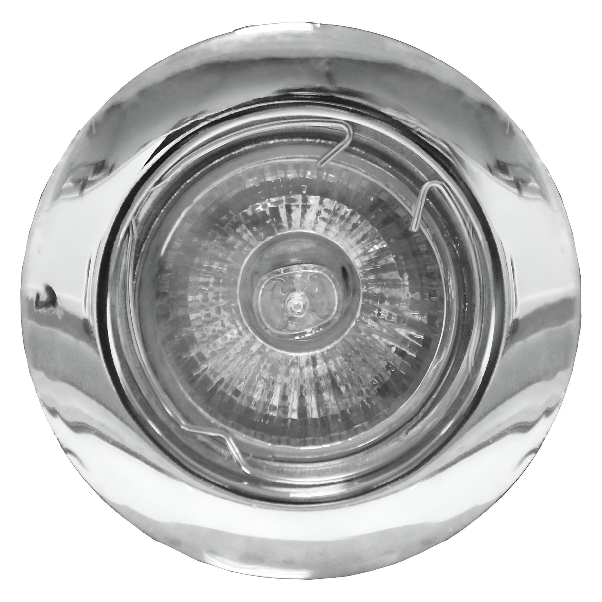 Close-up of a PowerMaster Recessed Downlight with a circular, chrome finish and transparent lens showcasing the GU10 lamp, designed to seamlessly blend into the ceiling.