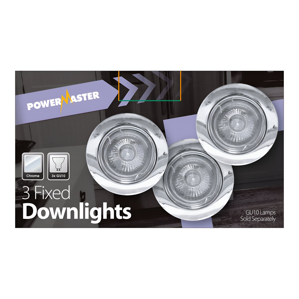 The PowerMaster 3 Pack Recessed Downlights - Chrome packaging presents three sleek chrome fixtures. The vibrant box, adorned with a purple arrow and Powermaster logo, states that GU10 lamps are sold separately.