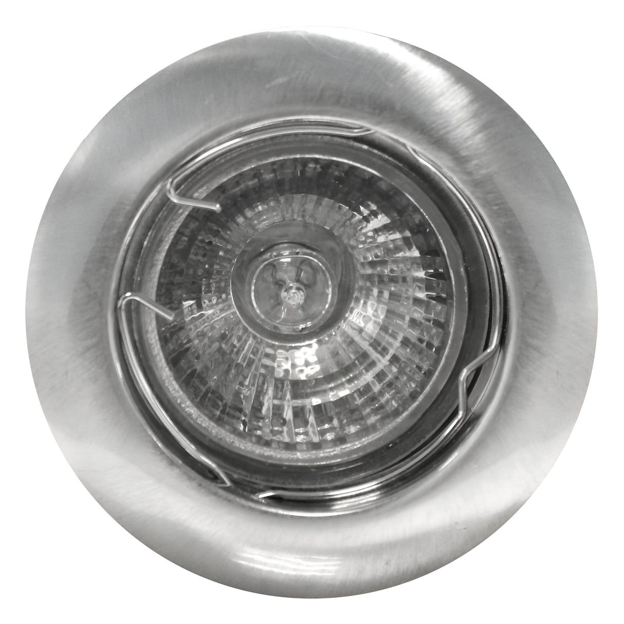 A close-up view of the PowerMaster 3 Pack Recessed Downlights showcases their brushed chrome finish and glass cover. The circular design with a reflective interior enhances light distribution, ideal for GU10 lamps.