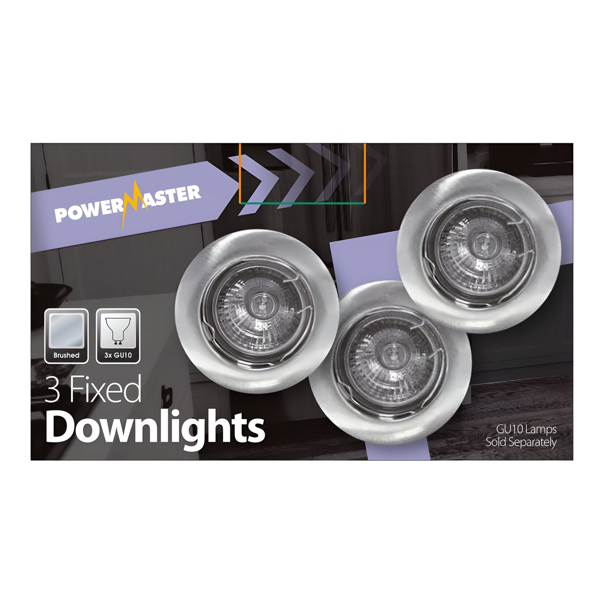 The PowerMaster 3 Pack Recessed Downlights packaging features an image of three brushed chrome downlights and includes the text: Brushed, 3x GU10. Note: GU10 lamps sold separately.