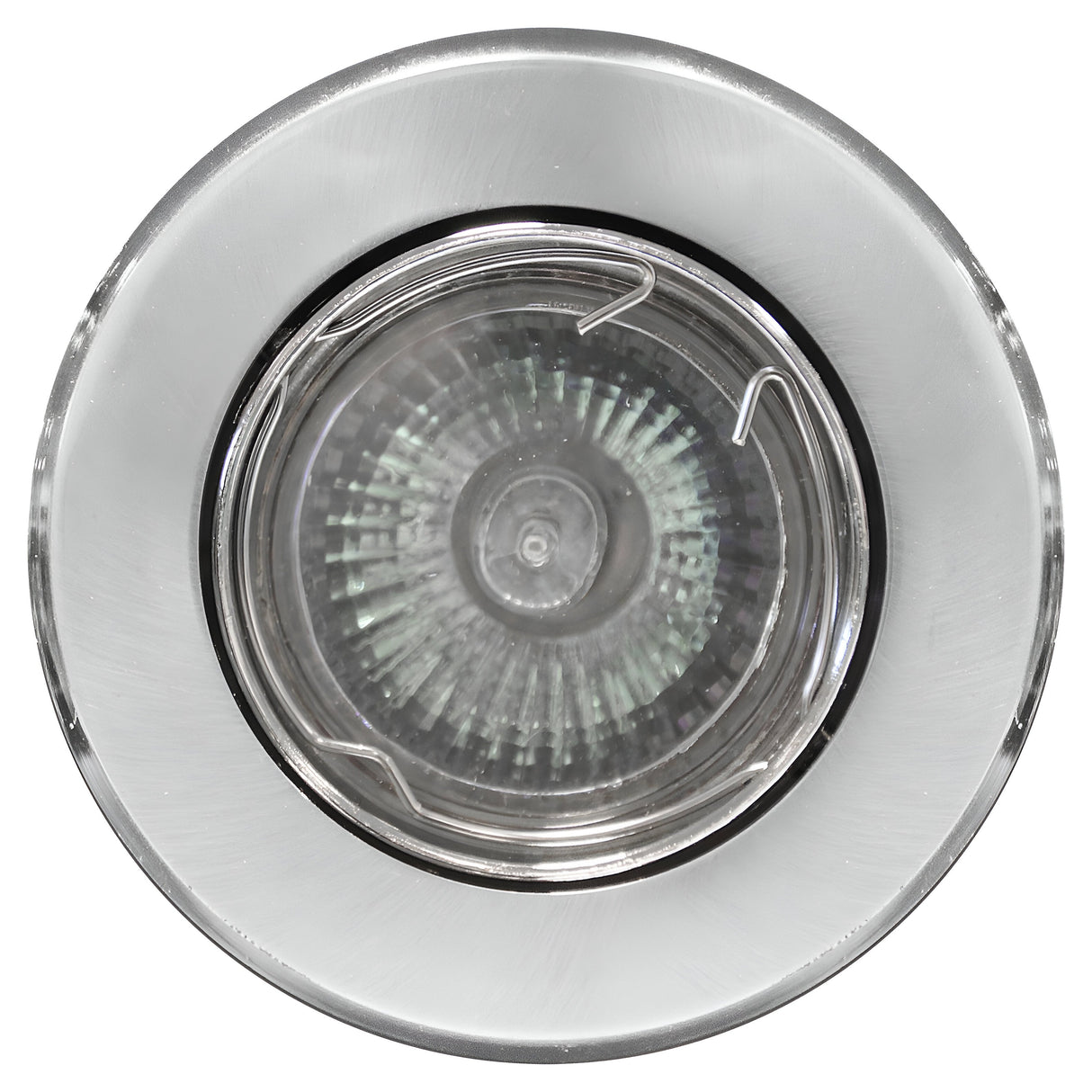 Close-up of a circular ceiling light with a central bulb, featuring the PowerMaster 3 Pack Recessed Tilt Downlights in brushed chrome. The transparent cover showcases intricate components similar to sophisticated GU10 lamps.