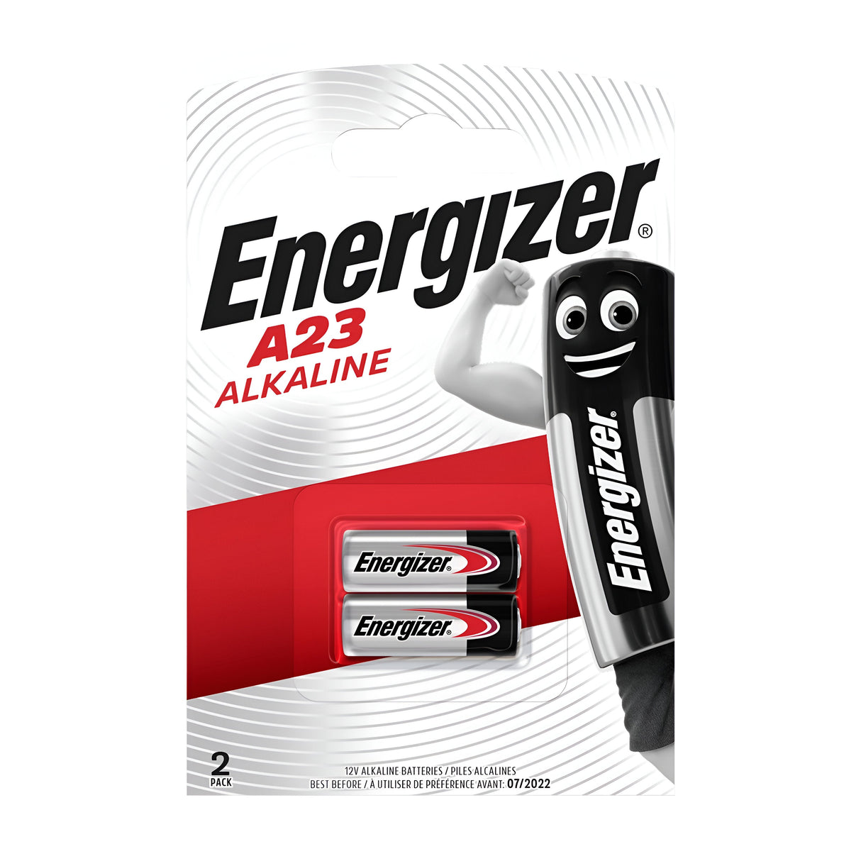 The Energizer A23 LRV08 Alkaline Battery (2 Pack) comes in a sleek red and white blister pack, showcasing two compact batteries. The packaging includes an illustration of a battery character with eyes and a smile, flexing an arm next to the prominent Energizer brand name.