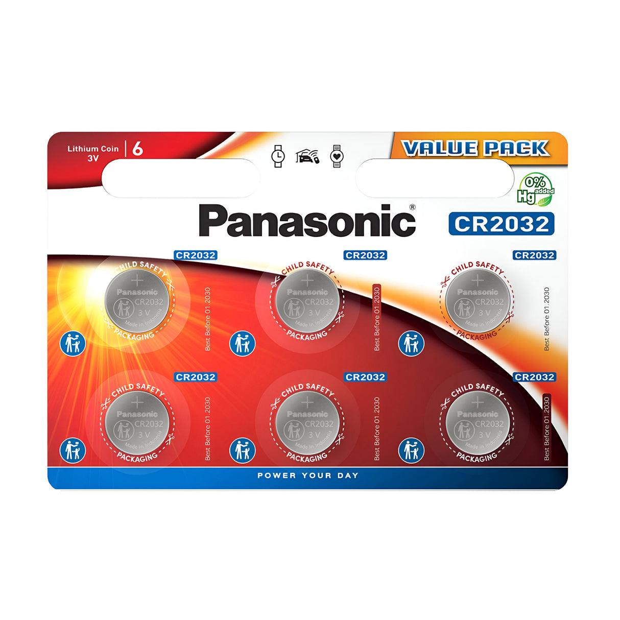 A blister pack showcases the Panasonic CR2032 Lithium Coin Cell Batteries (6 Pack), with an emphasis on child safety. The packaging features logos indicating 3V power and 0% mercury, all set against a vibrant orange and red background. These batteries from Panasonic promise reliability and peace of mind.