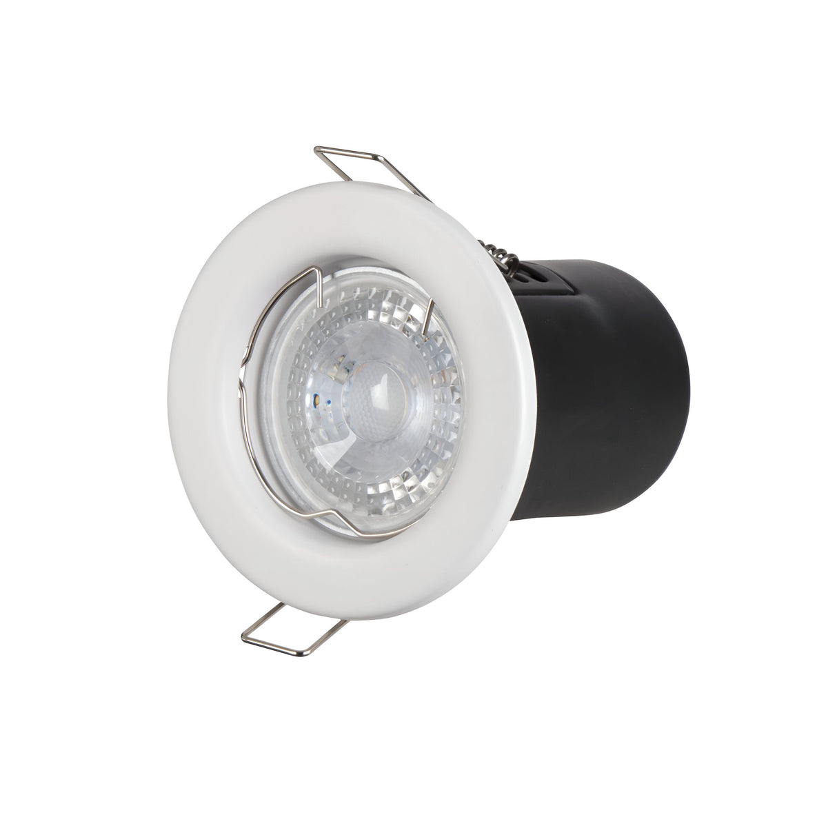 The PowerMaster Recessed Downlight 50W - White features a round white trim and black housing. Its fire-rated, GU10 compatible, and includes two metal clips for installation. The centered bulb has a textured, reflective surface.