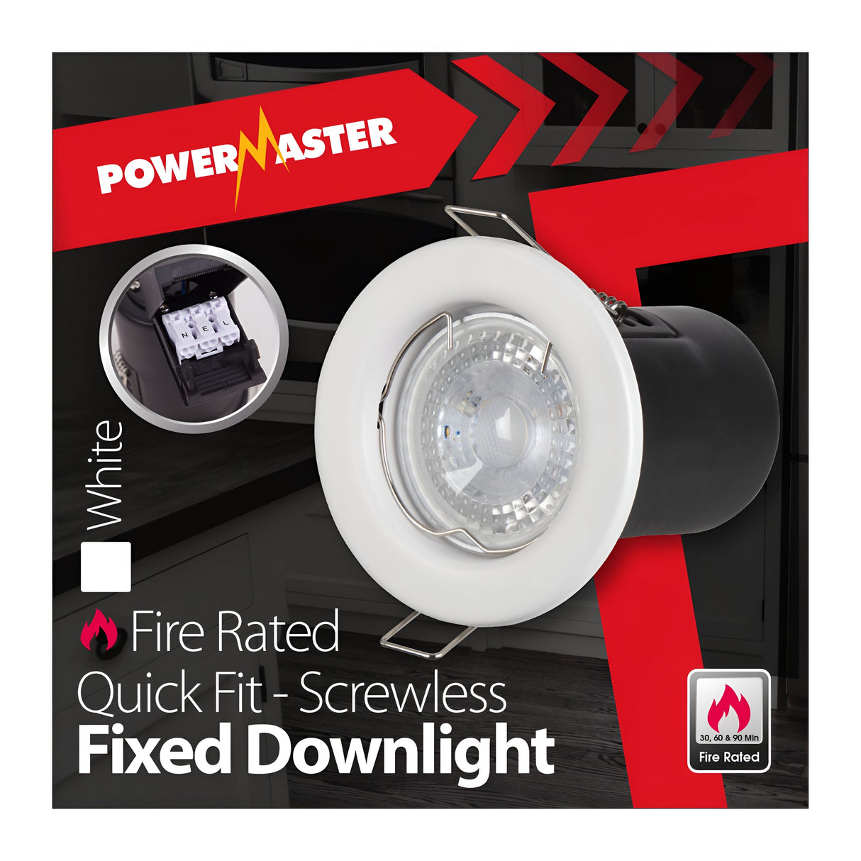 Packaging for the 50W PowerMaster Recessed Downlight in white, GU10 compatible and screwless, emphasizes its fire rating and quick-fit installation. A small image on the box displays the back of the light fixture.