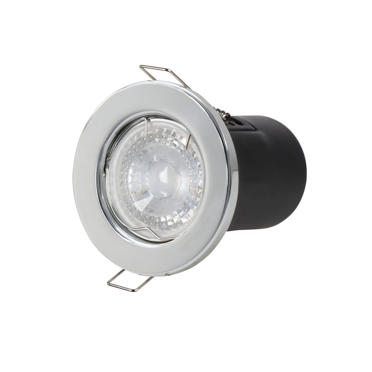 The PowerMaster Recessed Downlight - Chrome features a circular, chrome finish metal rim and black encasement. It includes a clear, faceted lens for focused lighting and has two metal spring clamps for easy installation.