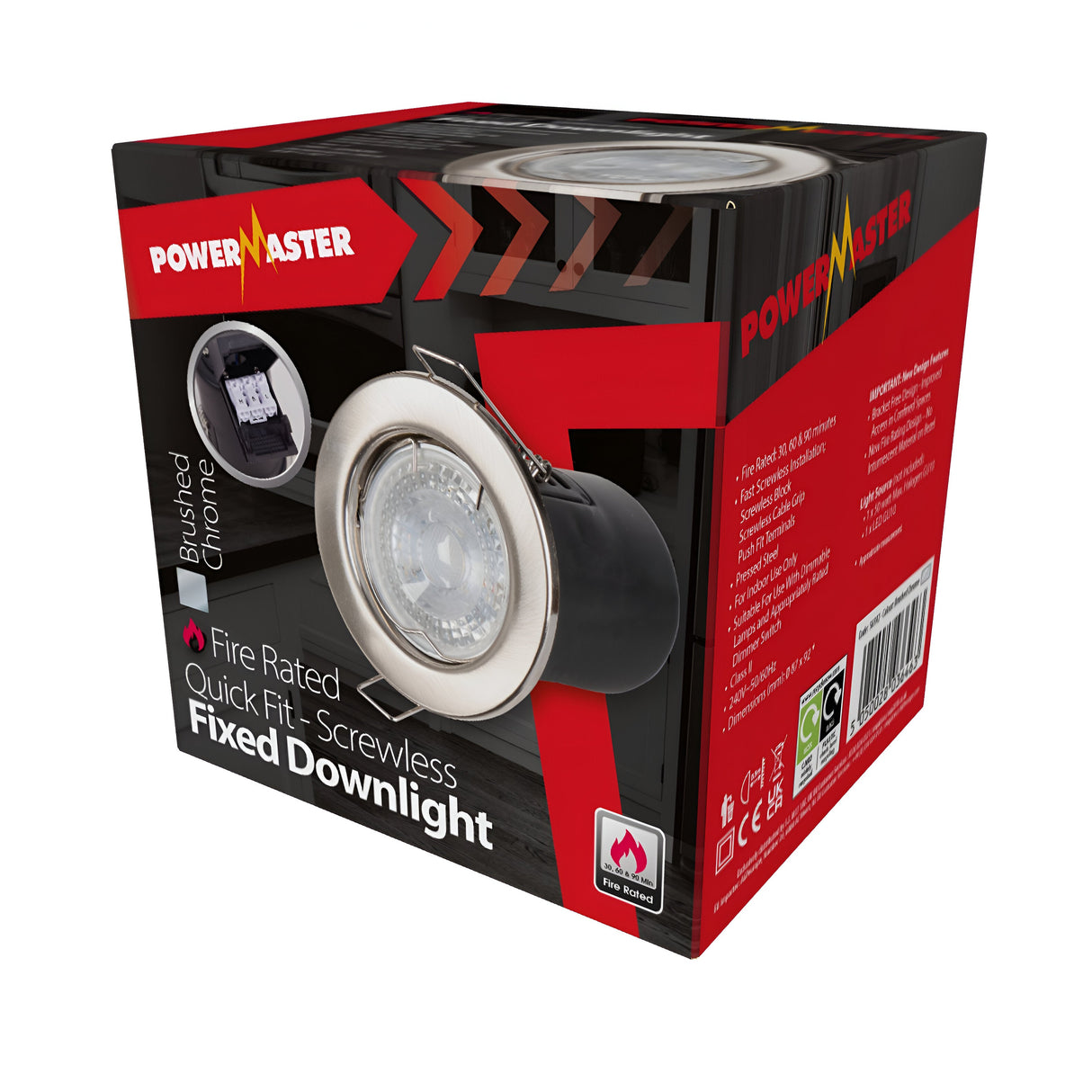 A box showcasing the PowerMaster Fire Rated Recessed Fixed Downlight in brushed chrome, featuring a product image, brand logo, and description on a sleek white and red design.