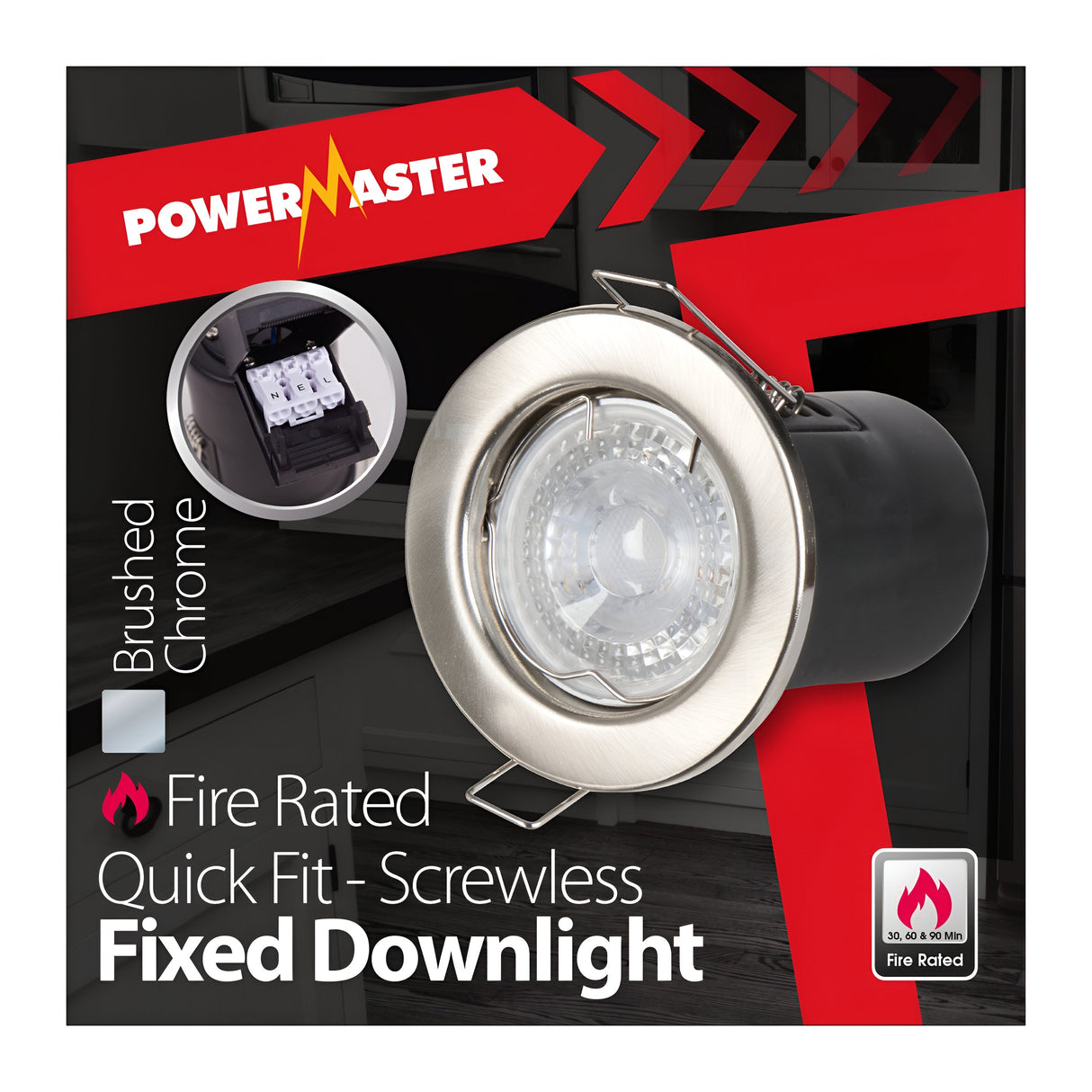 Packaging for the PowerMaster Fire Rated Recessed Fixed Downlight in brushed chrome. It includes a close-up image and features a fire rating icon in the bottom right corner.