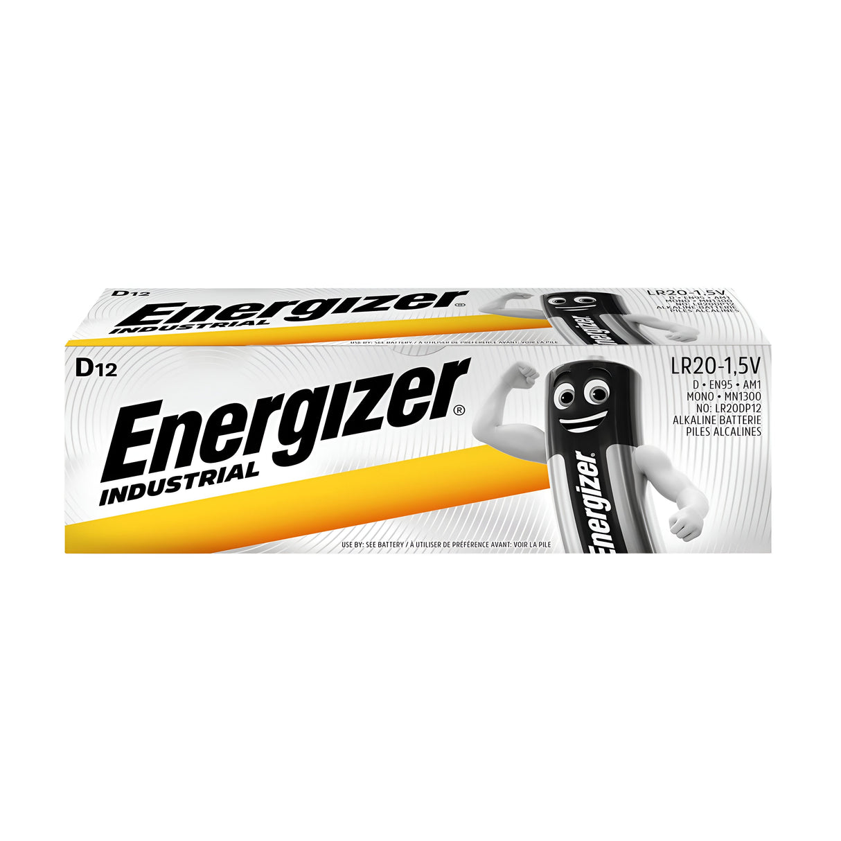 Pack of Energizer Industrial D LR20 Alkaline Batteries (2 Pack) featuring the iconic mascot—a flexing battery with arms. The packaging is primarily white with orange and black text, emphasizing the long-lasting 1.5V power of these alkaline batteries.