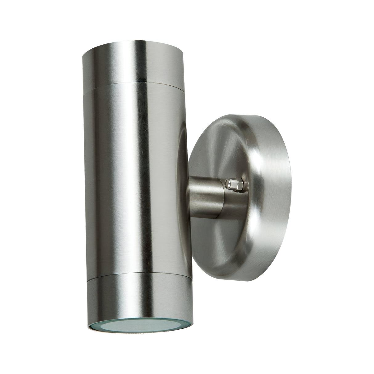 The PowerMaster Outdoor Dual Wall Light in silver is a modern stainless steel fixture with a cylindrical shape and clear tempered glass accents, secured by a round base. Its perfect for exterior walls, featuring dual illumination light sources for enhanced ambience.