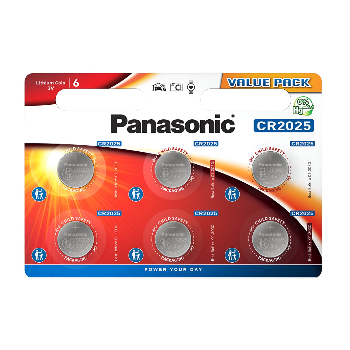 Picture of the Panasonic CR2025 Lithium Coin Cell Batteries (6 Pack). This value pack includes six batteries utilizing Advanced Cell Power Lithium technology, each secured with Child Safety Packaging. The packaging prominently displays a red and orange color scheme, along with detailed product and brand information.