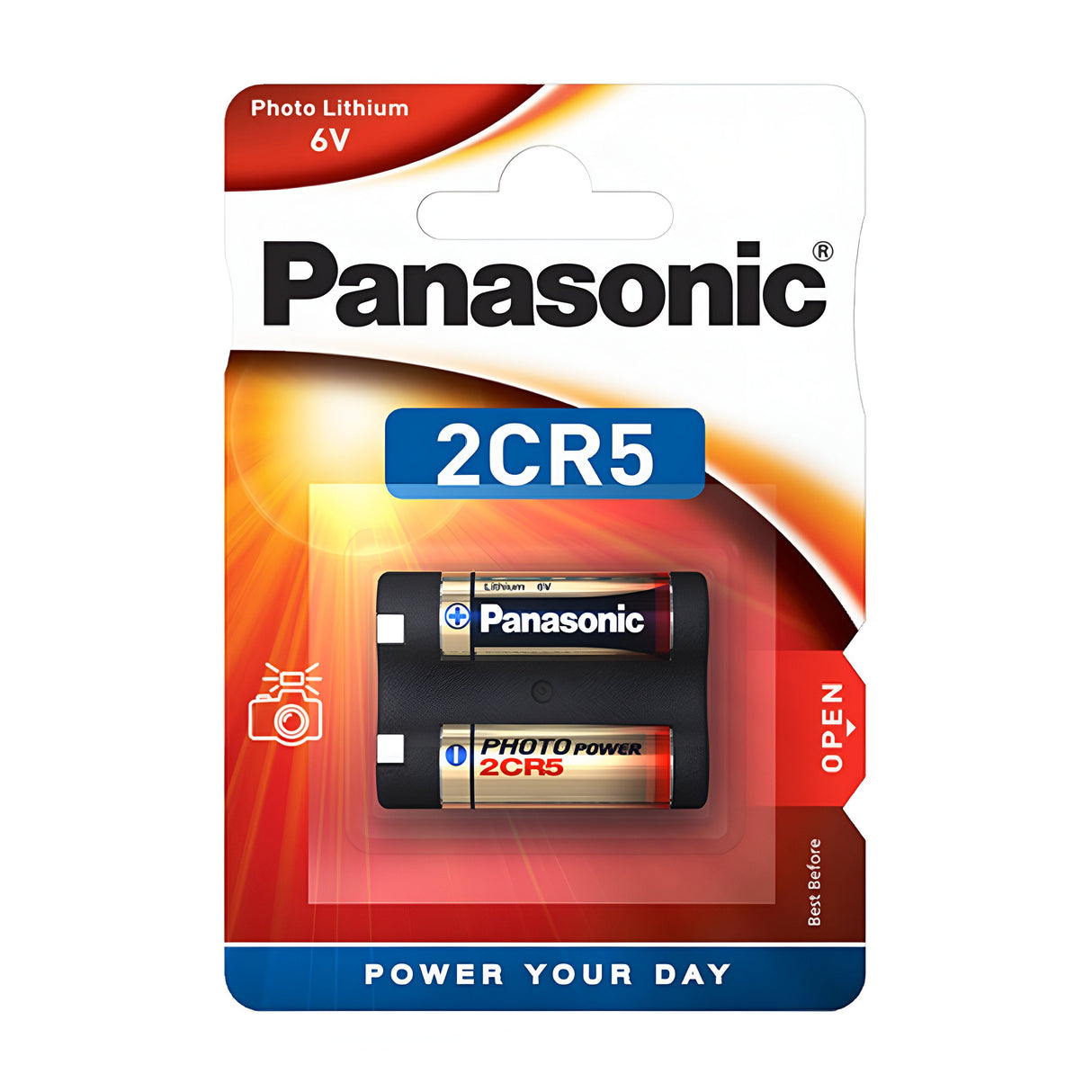 The packaging of the Panasonic 2CR5M Lithium Batteries (2 Pack) features a red and white design with a "Power Your Day" slogan at the bottom. Ideal for high-performance devices, these batteries provide a long-lasting power source, with opening instructions provided on the side.