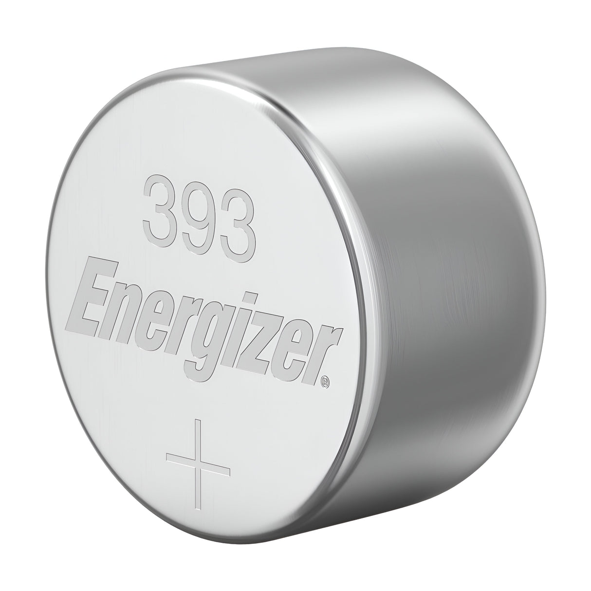 This close-up image showcases a silver cylindrical battery from the Energizer 393 Silver Oxide Button Cell Batteries (10 Pack). The engraving prominently features the number 393, along with the brand name and a plus symbol, highlighting its Silver Oxide composition characteristic of button cell batteries.