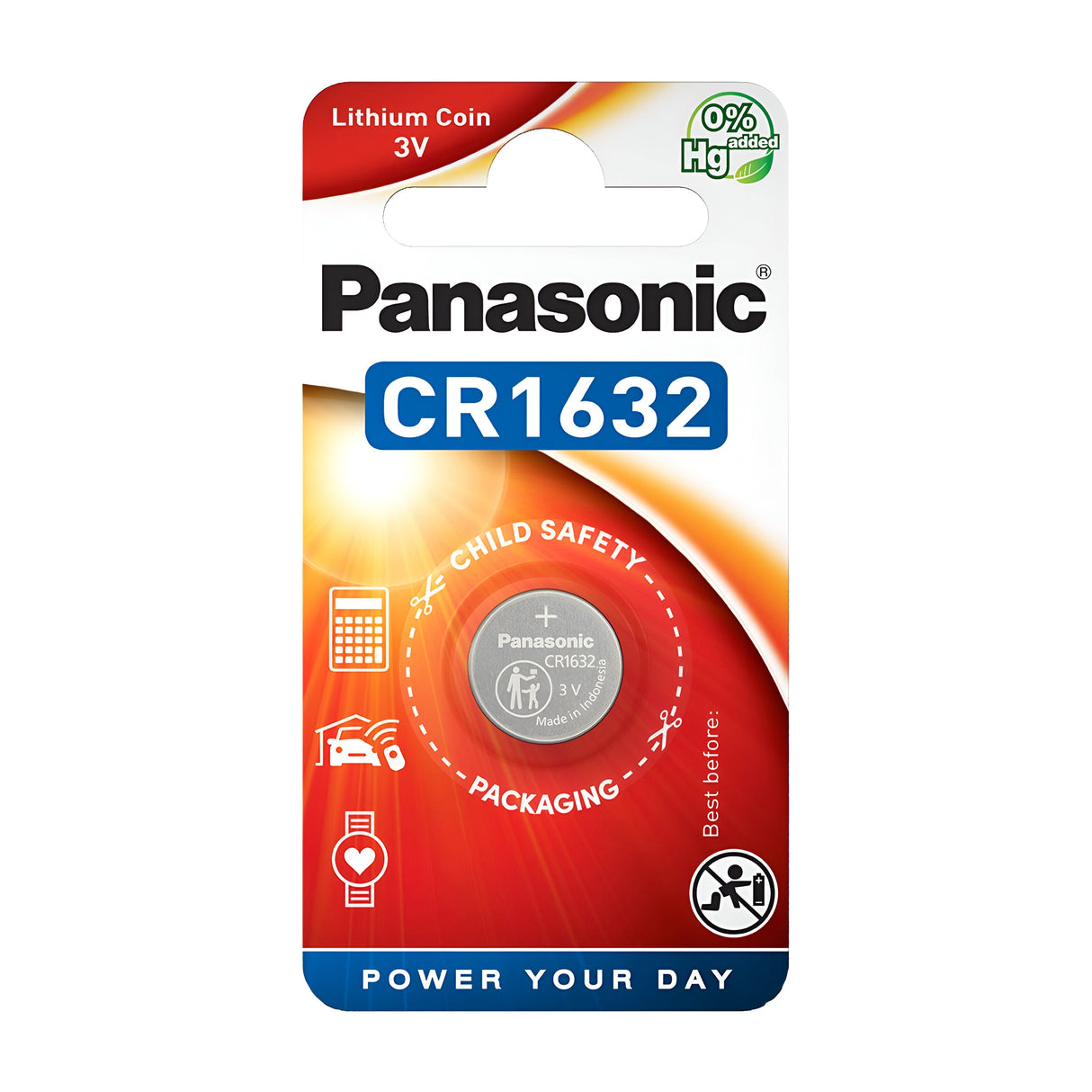The packaging of the Panasonic CR1632 Lithium Coin Cell Battery (1 Pack) highlights its child safety features and mercury-free composition. The design features several icons, underscoring that this lithium coin battery is a dependable option to Power Your Day.