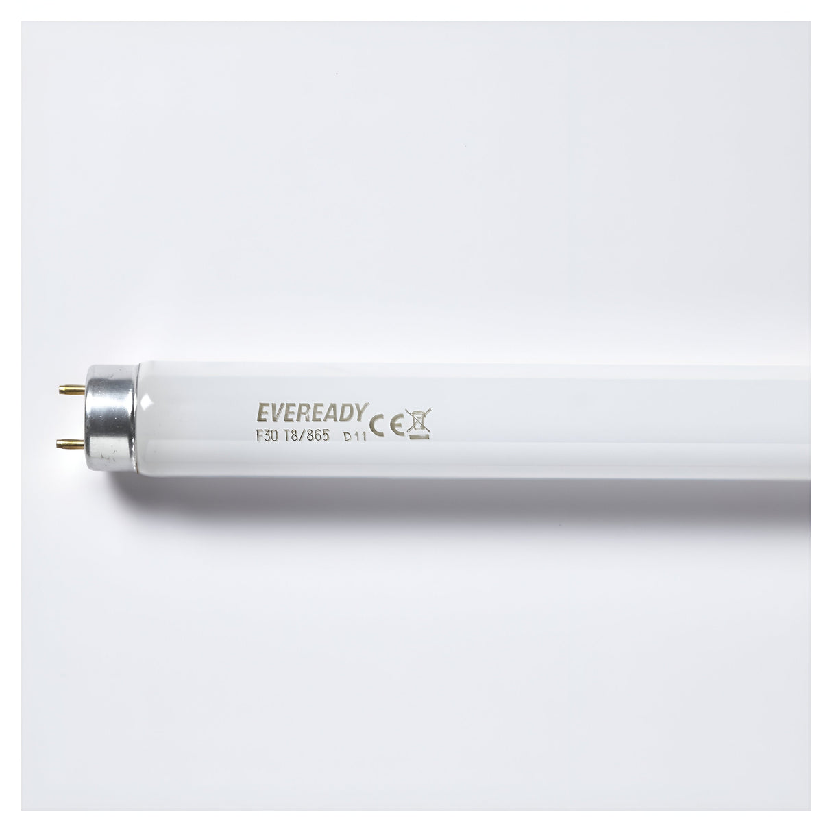 An Eveready 30W T8 3ft Fluorescent Triphosphoric Tube, marked with CE certification and designed for energy-efficient lighting, offers 6500K daylight illumination. It features two metal pins on one end and is set against a plain white background.