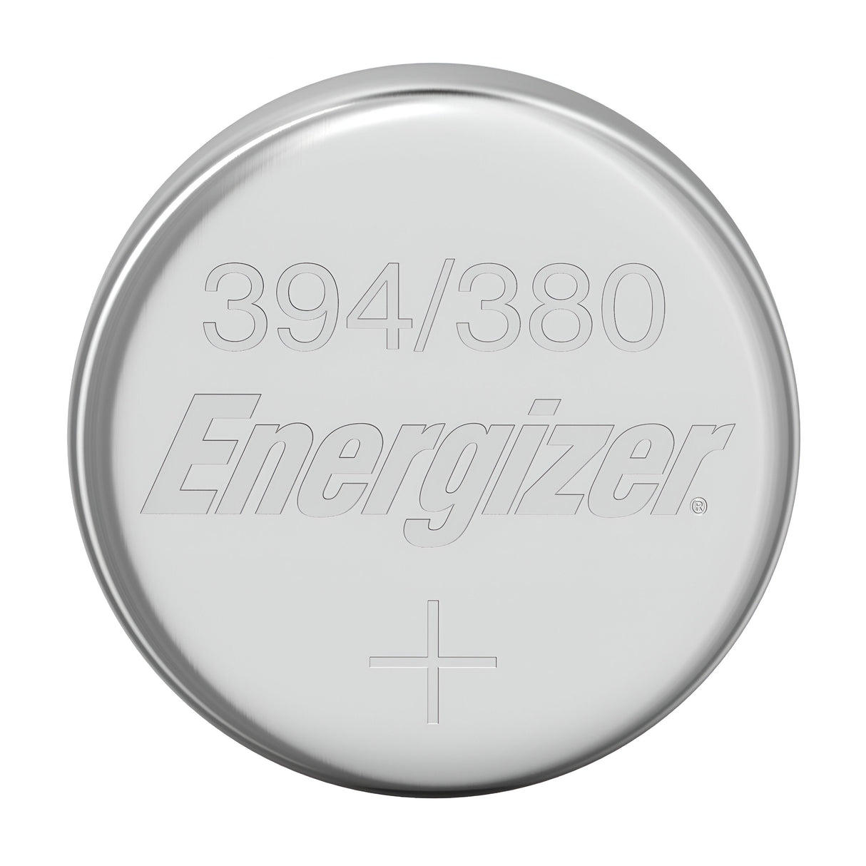 Close-up of a 394/380 round silver button cell battery from the Energizer 10 Pack, showcasing its engravings. Made with silver oxide, this battery promises long-lasting performance. At the bottom, a plus sign is visible.