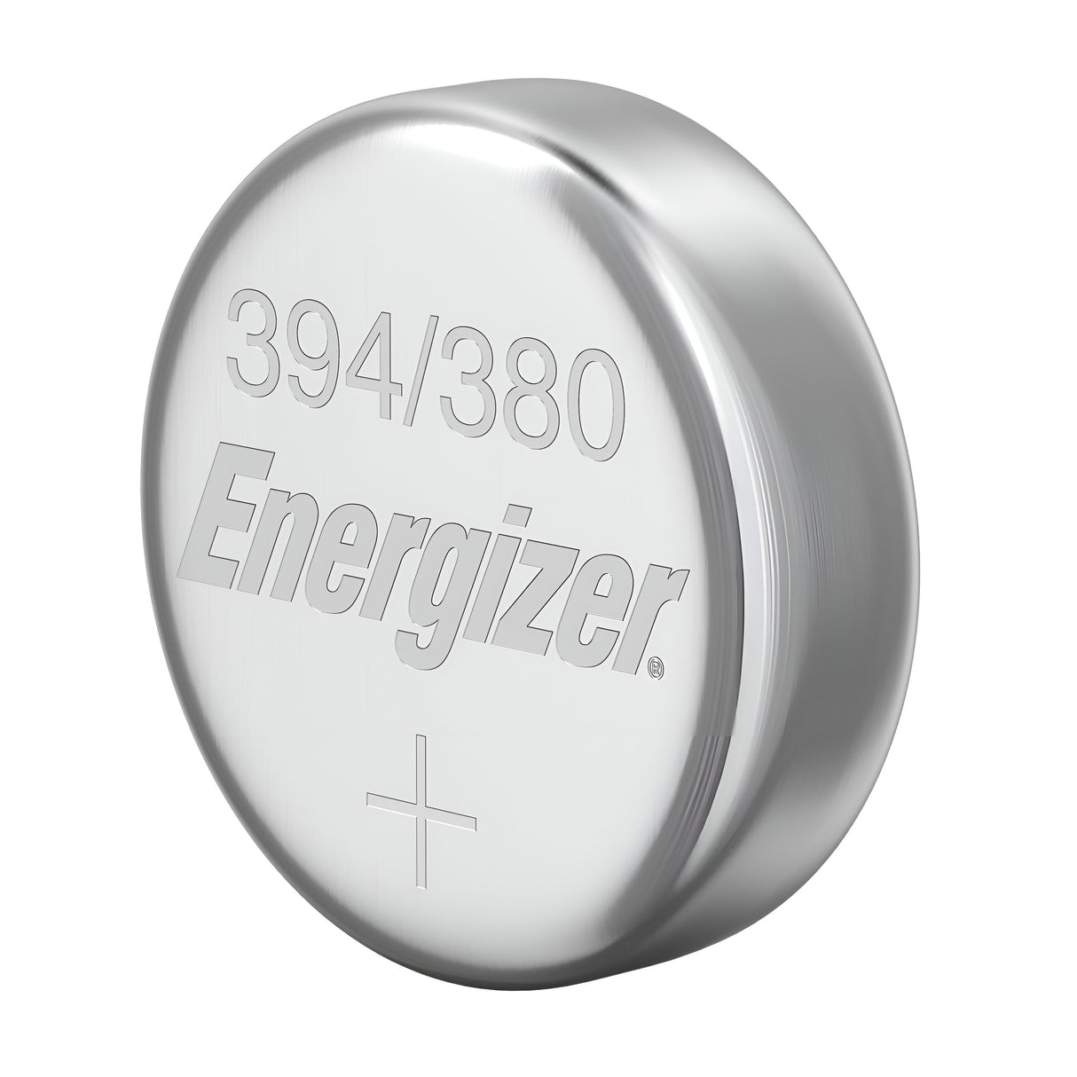 Close-up of an Energizer 394/380 silver oxide button cell battery, featuring the engraved markings and a positive + sign, highlighting its long-lasting performance.