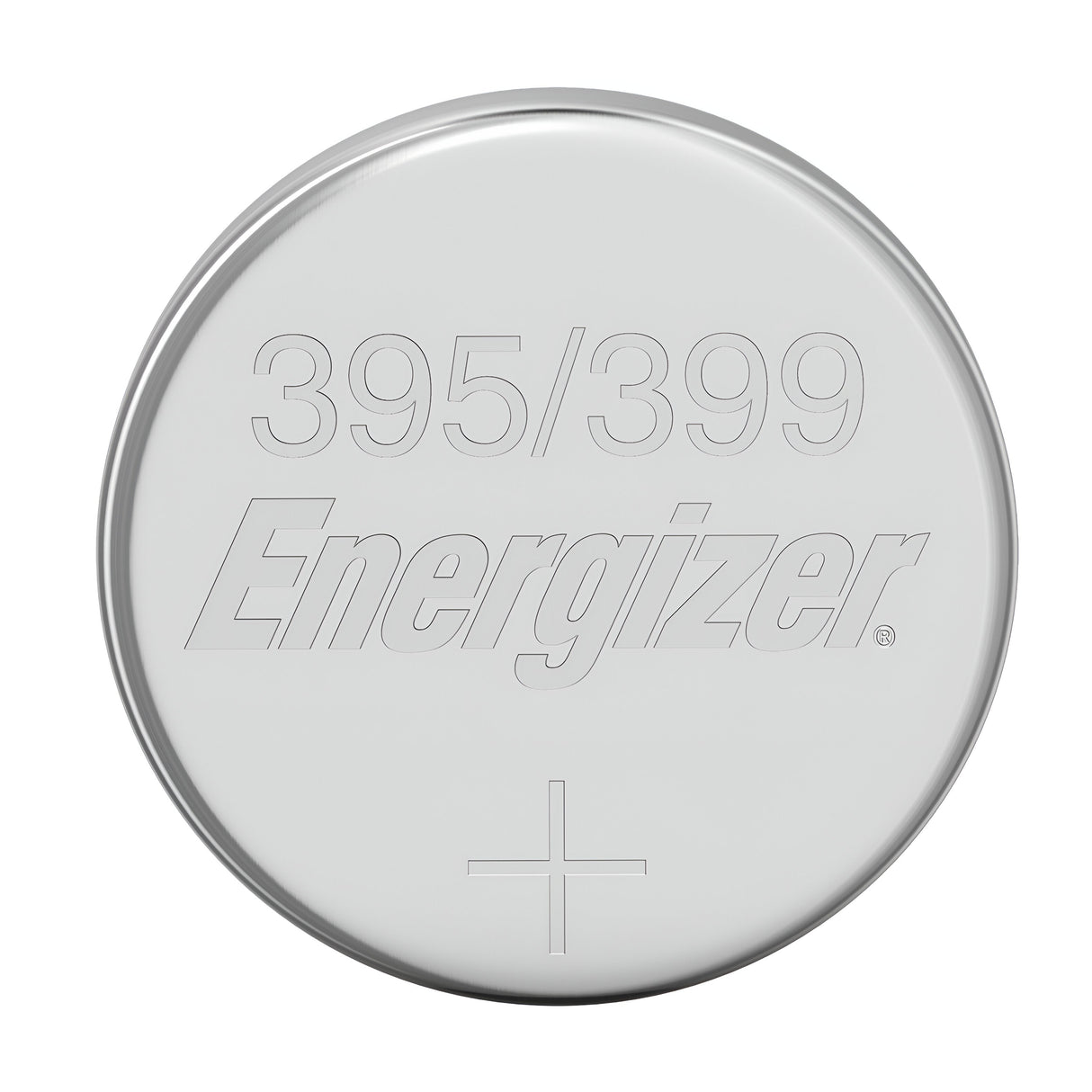 The image provides a detailed view of an Energizer 395/399 Silver Oxide Button Cell Battery from the 10-pack set, highlighting its precise design with an engraved plus sign. The plain background ensures that this battery remains the central focus.