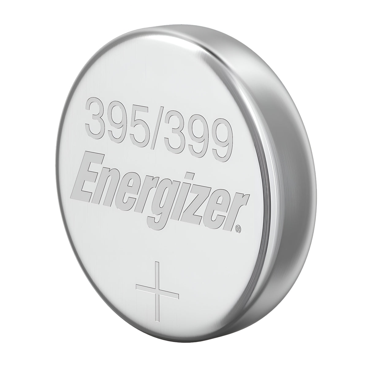 An image of an Energizer 395/399 silver oxide button cell battery, featuring a positive symbol, highlights its shiny metallic finish. This battery is perfect for precision devices, offering reliable performance thanks to its high-quality construction.
