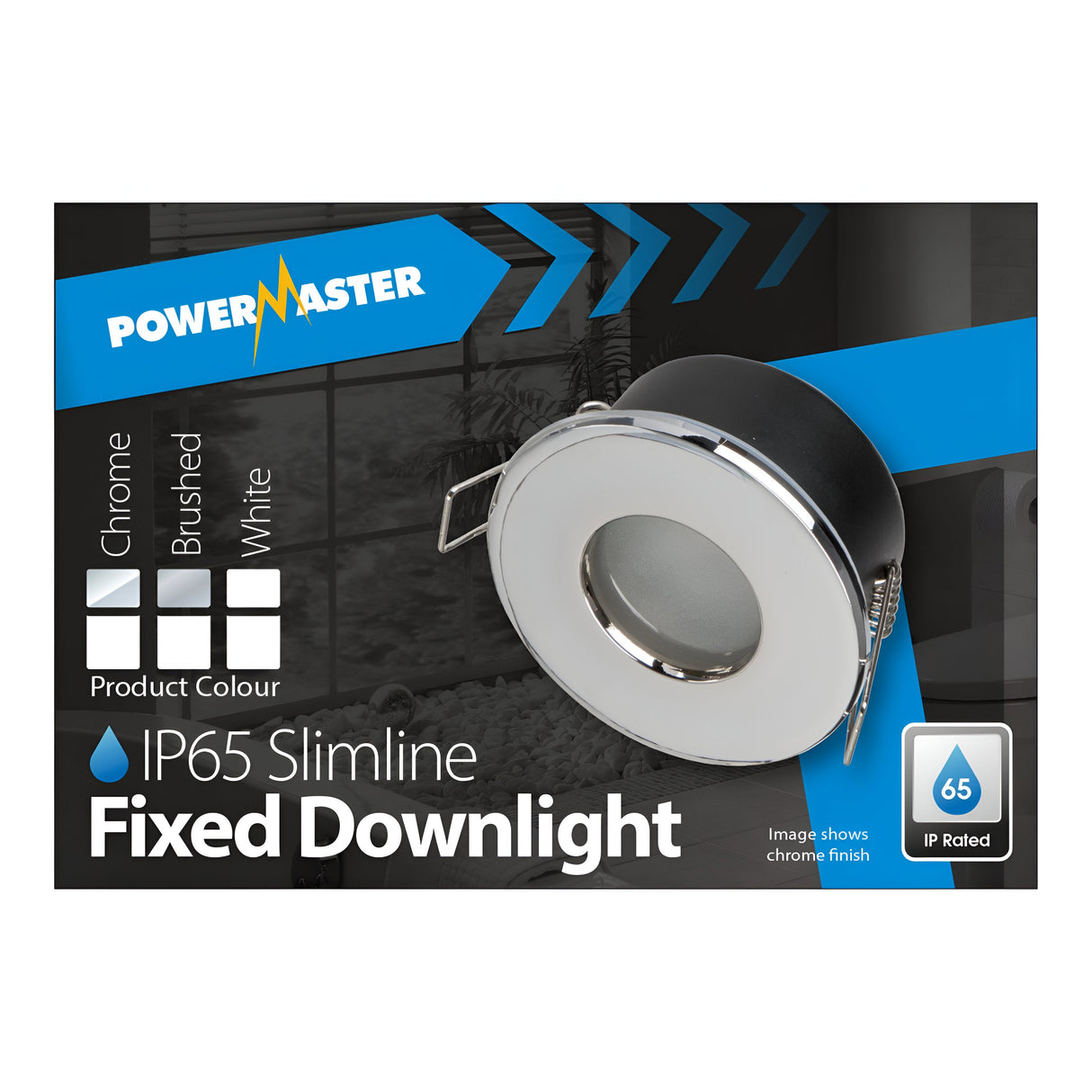 Packaging for the PowerMaster IP65 Recessed Fixed Downlight in brushed chrome. The image highlights trim options: chrome, brushed, and white, emphasizing its recessed design and IP65 water resistance.