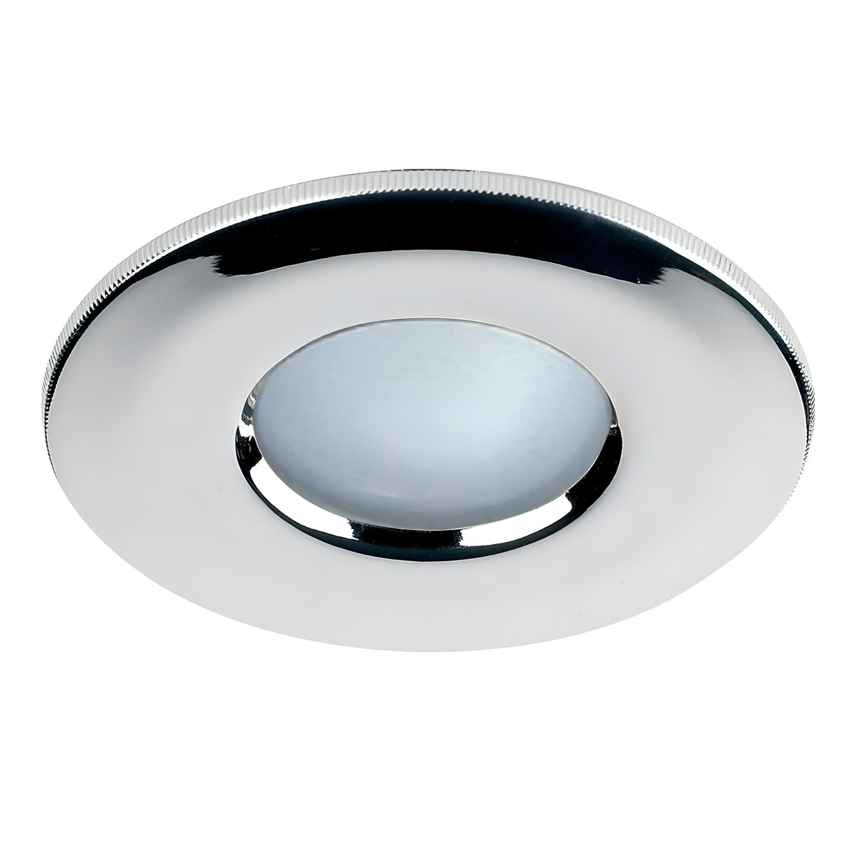 A close-up of the PowerMaster Recessed Downlight Frosted Glass - Chrome reveals its circular design crafted from die-cast aluminum. Its smooth, shiny surface features an IP65 rating for water resistance and a centered GU10 lampholder, set against a white background.