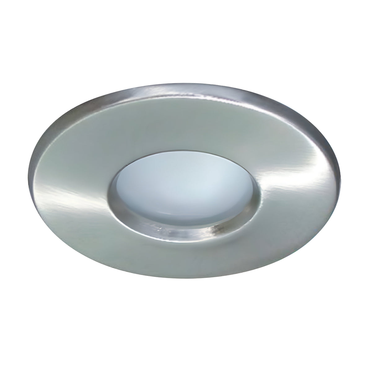 The PowerMaster IP65 Recessed Fixed Downlight in brushed chrome, featuring a frosted center, is showcased against a white background.
