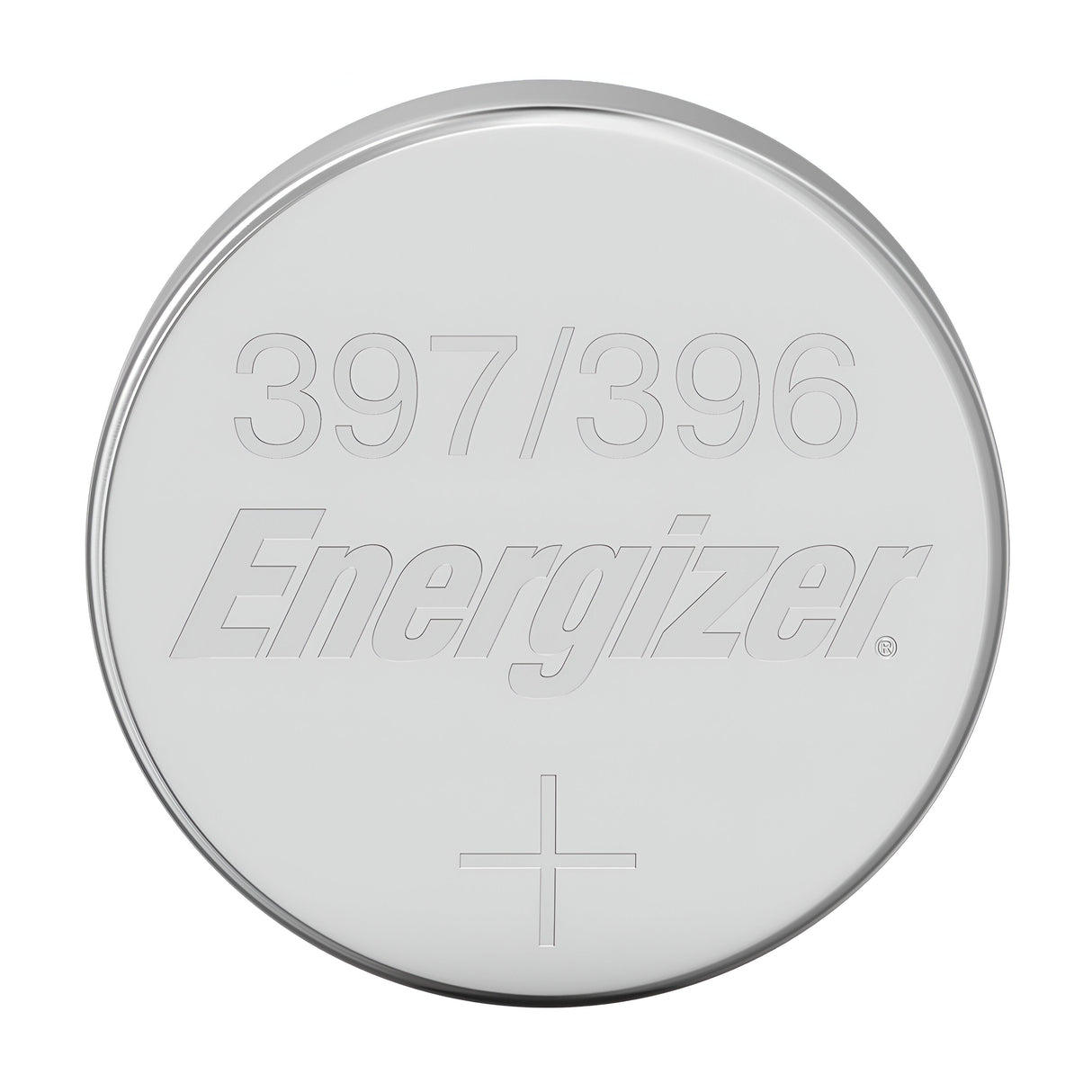 A close-up image of a Silver Oxide Button Cell Battery displays "Energizer 397/396" engraved on its surface, promising reliable power. The plus sign at the bottom clearly indicates the positive terminal.