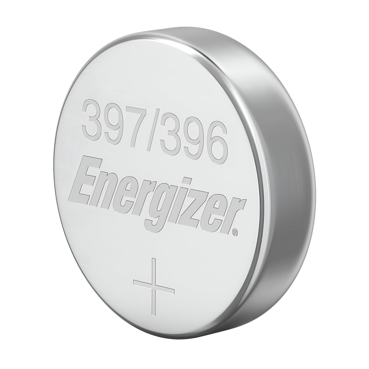 The Energizer 397/396 Silver Oxide Button Cell Battery, a dependable source of consistent power, features its model number engraved on the surface and a clearly marked plus symbol at the bottom to indicate polarity.