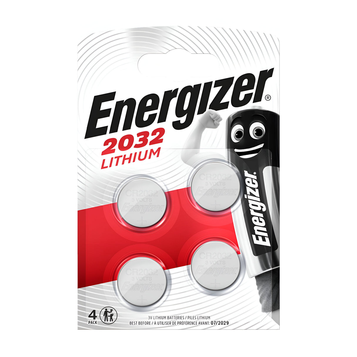 A pack of Energizer CR2032 Lithium Coin Cell Batteries (4 Pack) is shown, featuring the Energizer logo and a cartoon battery character on the right side, emphasizing its promise of long-lasting energy.