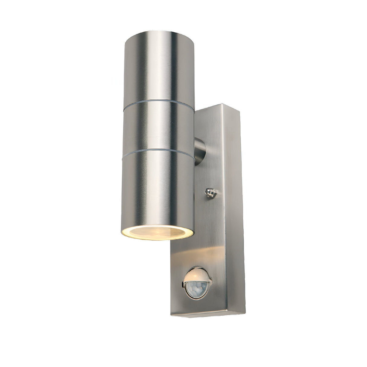 The PowerMaster Outdoor Twin Wall Light With PIR in silver features a modern cylindrical design with stainless steel accents, an adjustable spotlight, motion sensor on its rectangular base, and is crafted for outdoor use with a sleek metallic finish.