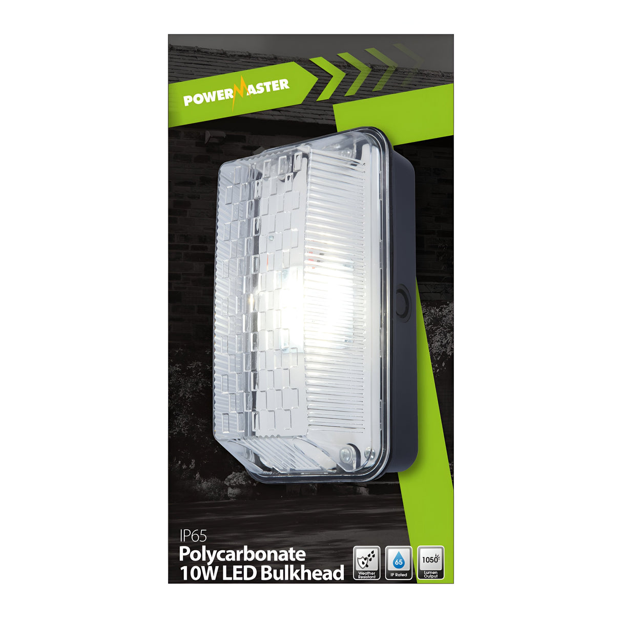 The packaging of the PowerMaster 10W LED Outdoor Bulkhead - 6500K, Daylight features a clear image of the products rectangular, transparent design and highlights its IP65 rating for protection, energy efficiency, and durability.