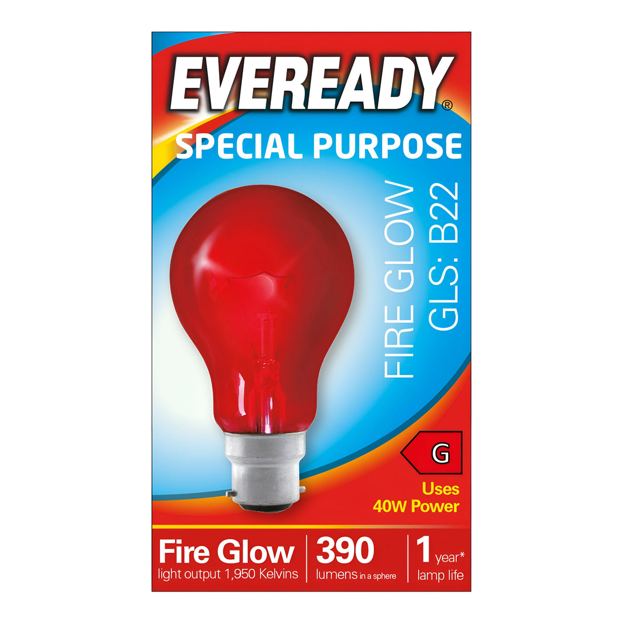 The Eveready packaging features the 40W Fireglow Non-dimmable Light Bulb, ideal for decorative lighting. The box emphasizes its distinctive red hue with a power output of 40W, delivering 390 lumens and a cozy glow at 1950 Kelvins, along with a dependable lamp life of one year.