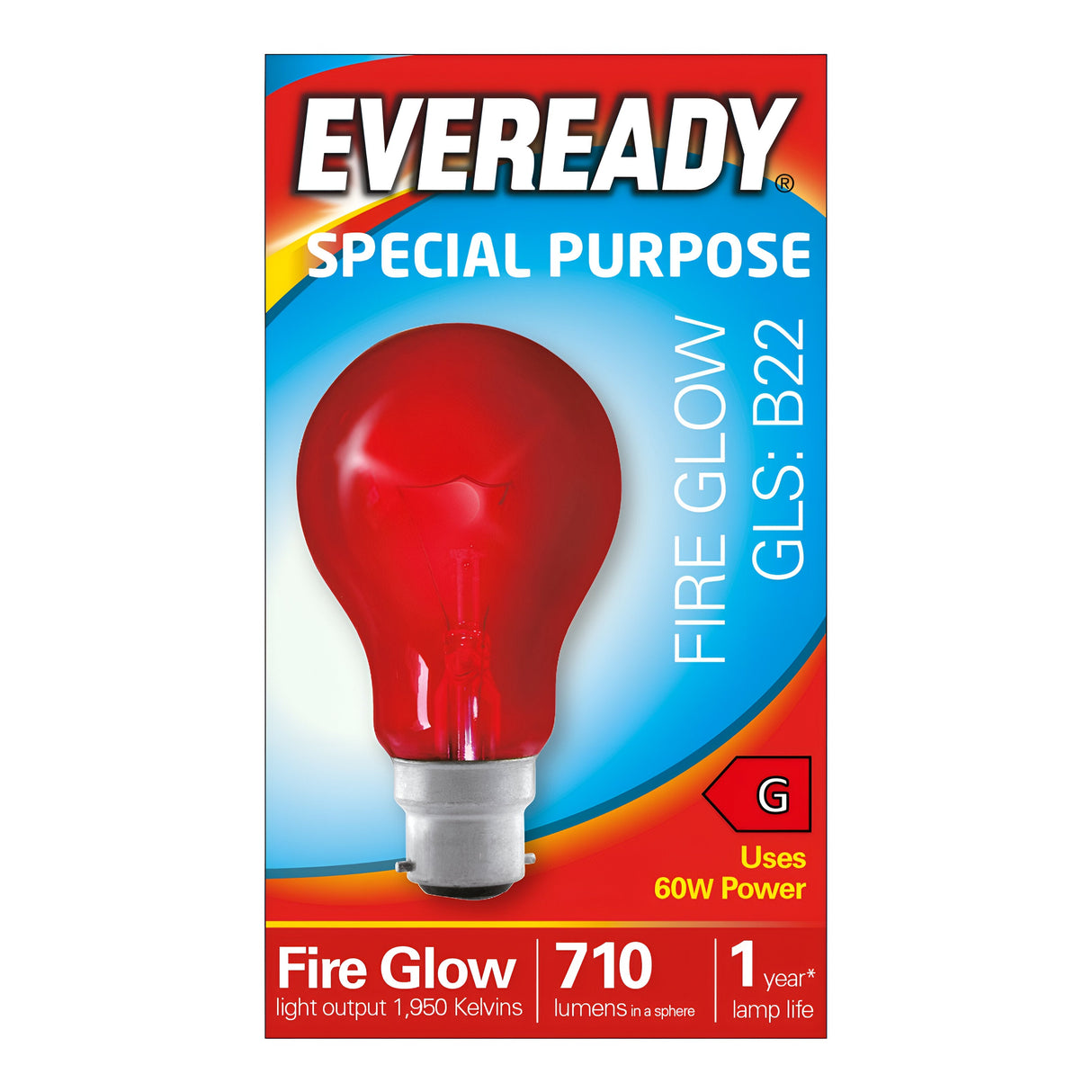 The Eveready 60W Fireglow non-dimmable light bulb, available in red with a B22 base, comes in a package marked Special Purpose. It provides 710 lumens and emits light at 1950 Kelvin. The bulb promises a lamp life of one year and features the letter G in the corner of its design.