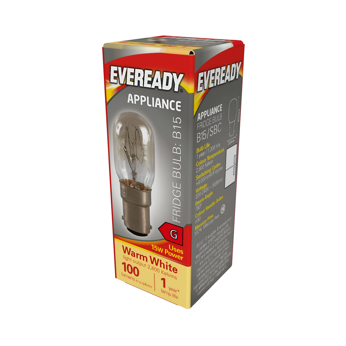 A box of Eveready 15W non-dimmable fridge bulbs, model B15, perfect for refrigerator lighting. It showcases a warm white light with 100 lumens and a color temperature of 3000 Kelvin. The box features red, yellow, and gray packaging.