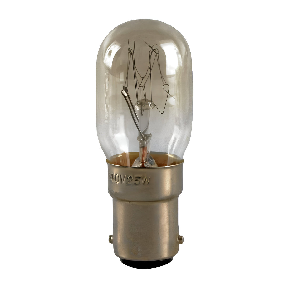 A transparent glass non-dimmable light bulb with a visible filament is displayed against a white background. The metallic base indicates it is the Eveready 15W Non-dimmable Fridge Bulb - Warm White, B15, 3000K, ideal for refrigerator lighting.