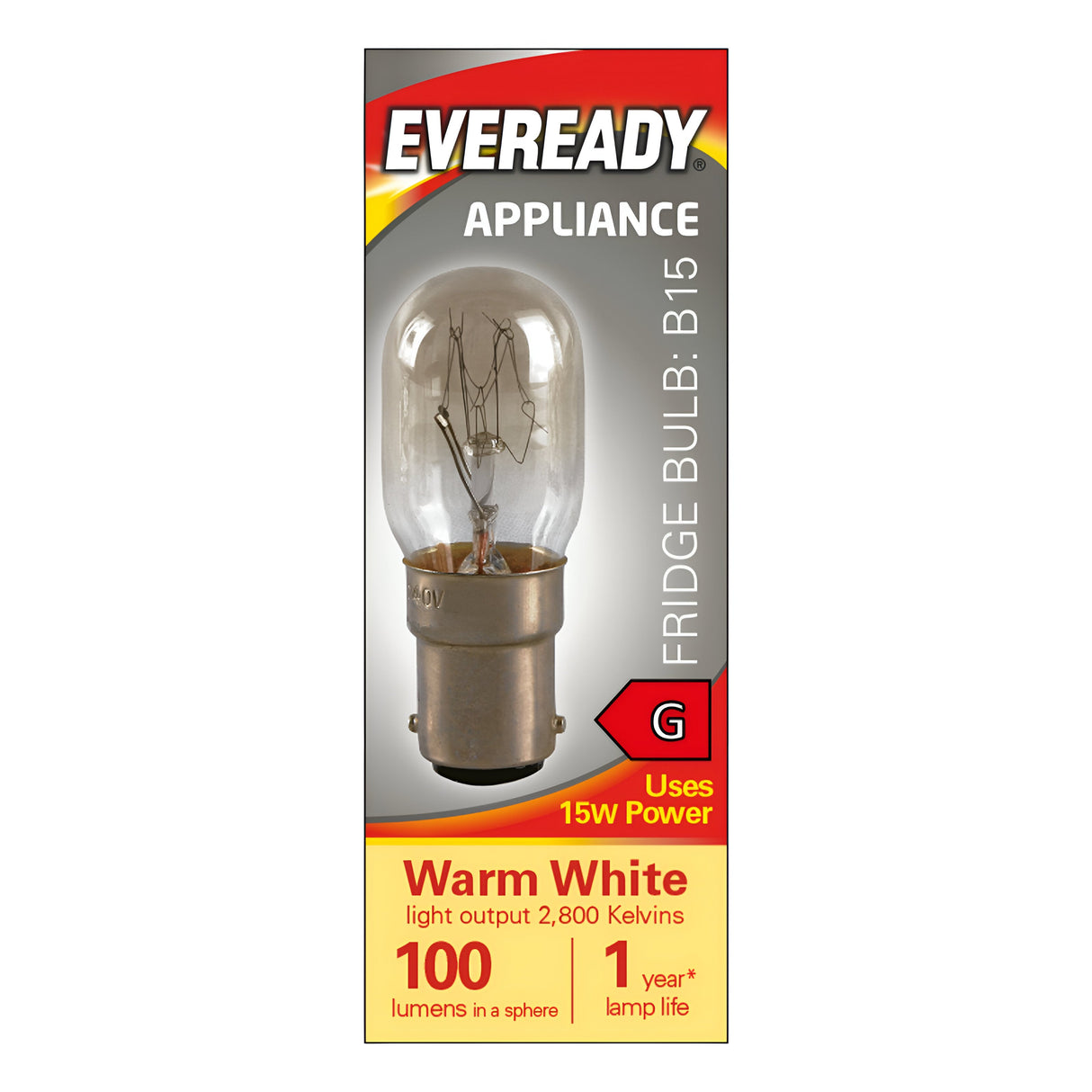 The Eveready 15W Non-dimmable Fridge Bulb with a B15 base is ideal for refrigerator lighting. This incandescent bulb emits warm white light at 3000 Kelvin and 100 lumens, lasting up to a year. It comes packaged in vibrant red, yellow, and gray colors.