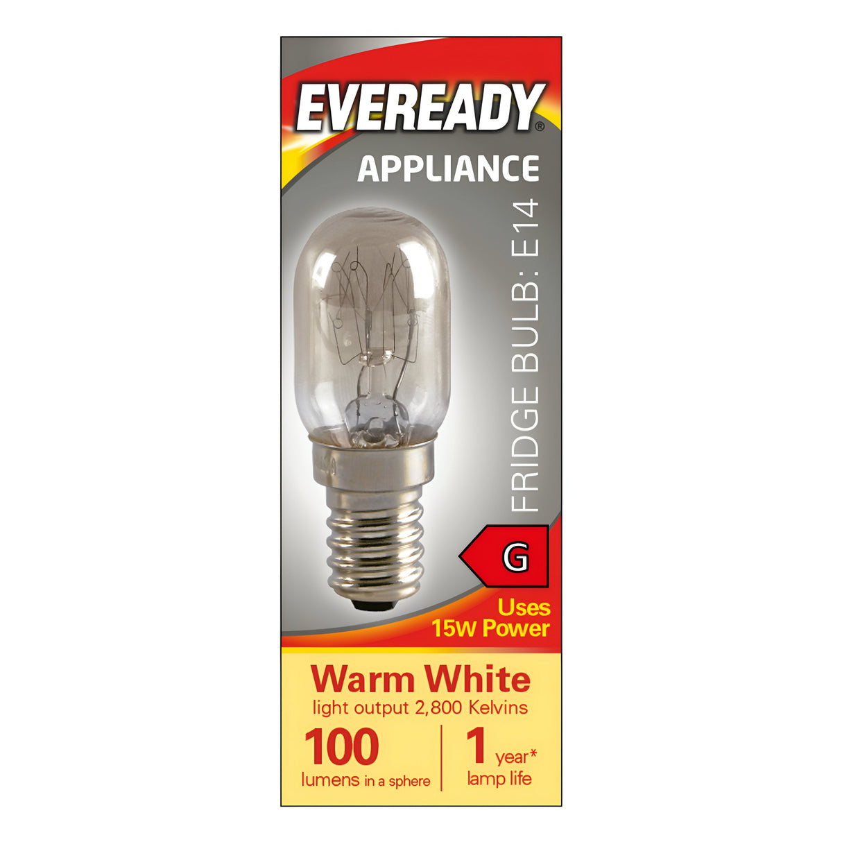 The packaging of the Eveready 15W Non-dimmable Fridge Bulb showcases its warm white color with a temperature of 2800K. It features an E14 base, delivers a light output of 100 lumens, and consumes 15 watts of power. The bulb is designed to last for approximately one year and has an energy rating of G.