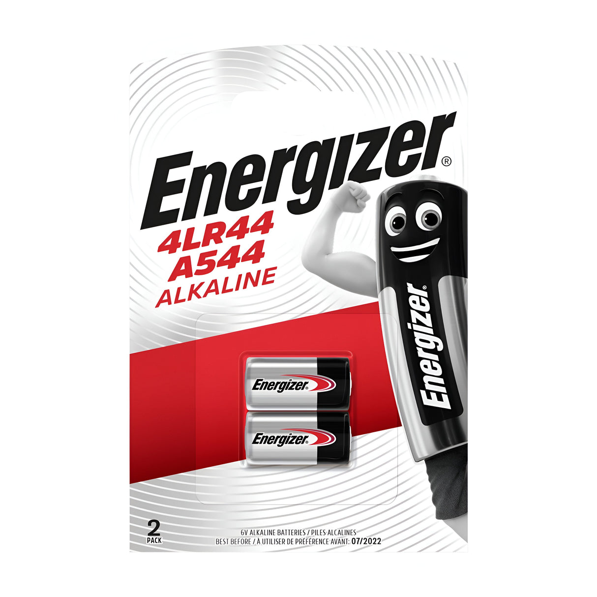Packaging of Energizer 4LR44/A544 Alkaline Batteries (2 Pack), ideal for specialized devices. The package features the Energizer mascot flexing an arm, accompanied by branding and product details in red and black on a pristine white background.