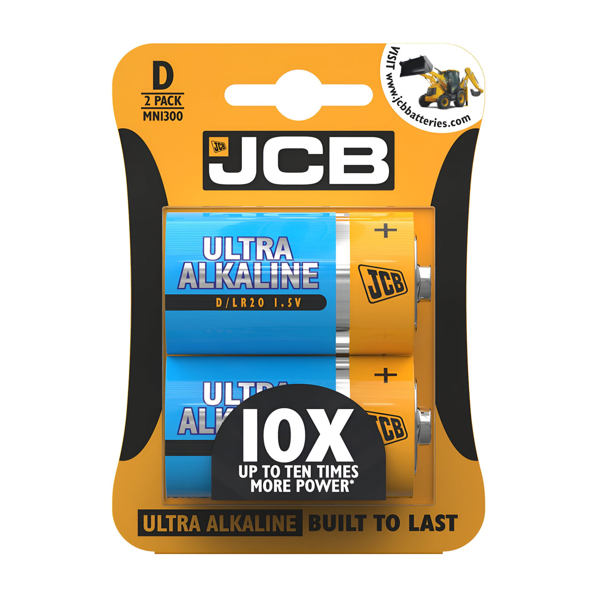 The packaging of the JCB D LR20 Ultra Alkaline Batteries (2 Pack) displays a pair of 1.5V D batteries with a striking blue and gold design, ideal for high-drain devices. It emphasizes "10X Up to Ten Times More Power" and features a vibrant yellow background with bold branding, ensuring the longest lifespan.