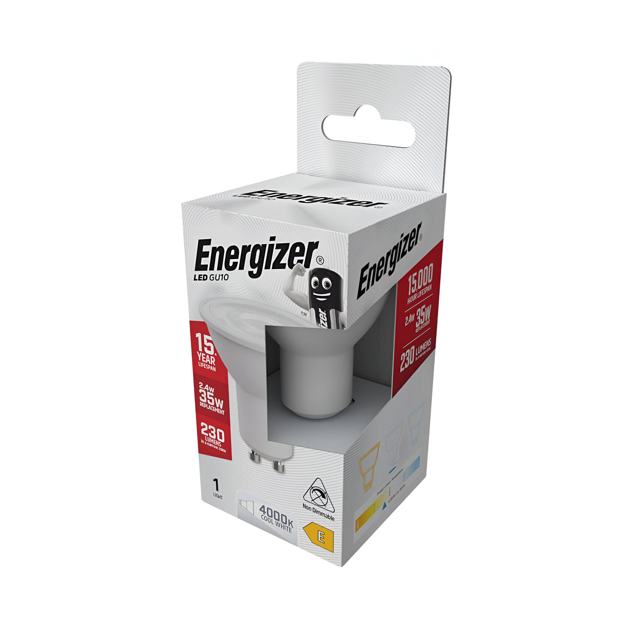 The packaging of the Energizer-1 3.6W GU10 Non-Dimmable LED Bulb highlights features such as a lifespan of 15,000 hours, a cool white 4000K color temperature, and energy-efficient 3.6W power consumption (equivalent to 35W), providing 230 lumens and an energy class E rating. Additionally, the box includes a handle and showcases a cartoon battery character.
