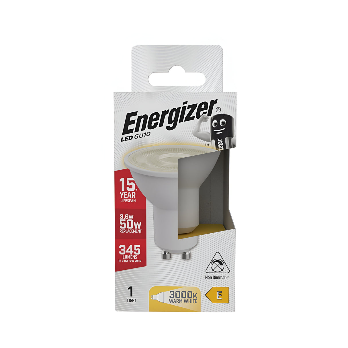 Displayed is a package of the Energizer-1 3.6W GU10 Non-Dimmable LED Bulb in warm white (3000K). The packaging emphasizes its key features: a 15-year lifespan, brightness of 345 lumens, and suitability as an energy-efficient replacement for a 50W bulb.