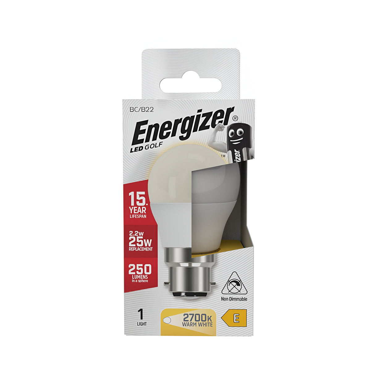 The Energizer 2.2W Non-Dimmable LED Golf Ball Bulb, with a warm white glow of 2700K, showcases a compact golf shape and a remarkable lifespan of 15 years. Consuming just 2.2W while effectively replacing traditional 25W bulbs, it emits 250 lumens for exceptional energy efficiency and holds an E energy rating. Designed to simplify use with its non-dimmable feature.