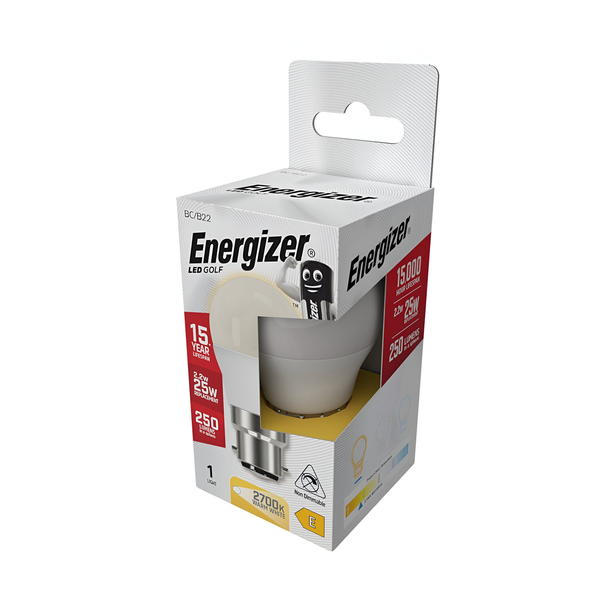 The Energizer 2.2W Non-Dimmable LED Golf Ball Bulb offers a compact golf shape that efficiently delivers 250 lumens while consuming only 2.2 watts. It radiates a warm white glow at 2700K and is designed to last for up to 15 years. Encased in a white box with lively orange and yellow accents, this bulb provides an excellent lighting solution.