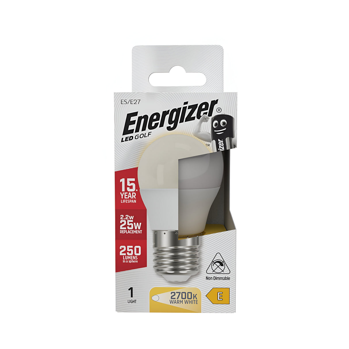 Energizer packaging displays the brand logo and features of the 3W Non-Dimmable LED Golf Ball Bulb, including a 15-year lifespan, energy efficiency at 3W (comparable to a 25W incandescent), and emission of 250 lumens of warm white light at 2700K. The bulb is visible through a transparent section.