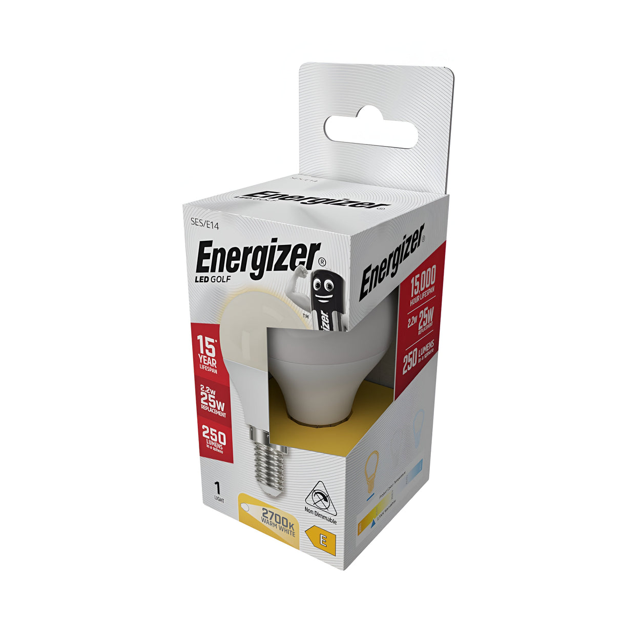 A box of Energizer 2.2W Non-Dimmable LED Golf Ball Bulbs - Warm White, E14, 2700K offers remarkable energy savings with a 15-year lifespan, providing bright warm white light at 250 lumens. The packaging highlights the golf ball bulb shape, energy efficiency rating, and features the iconic Energizer mascot.