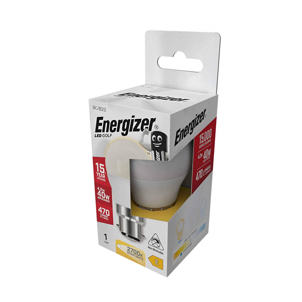 The packaging of the Energizer 4.9W Non-Dimmable LED Golf Ball Bulb - Warm White, B22, 2700K highlights its energy efficiency, featuring a 15-year lifespan and a 470-lumen output that offers cozy warm white light at 2700K. The bulb is partly visible within the sleek design of the packaging.