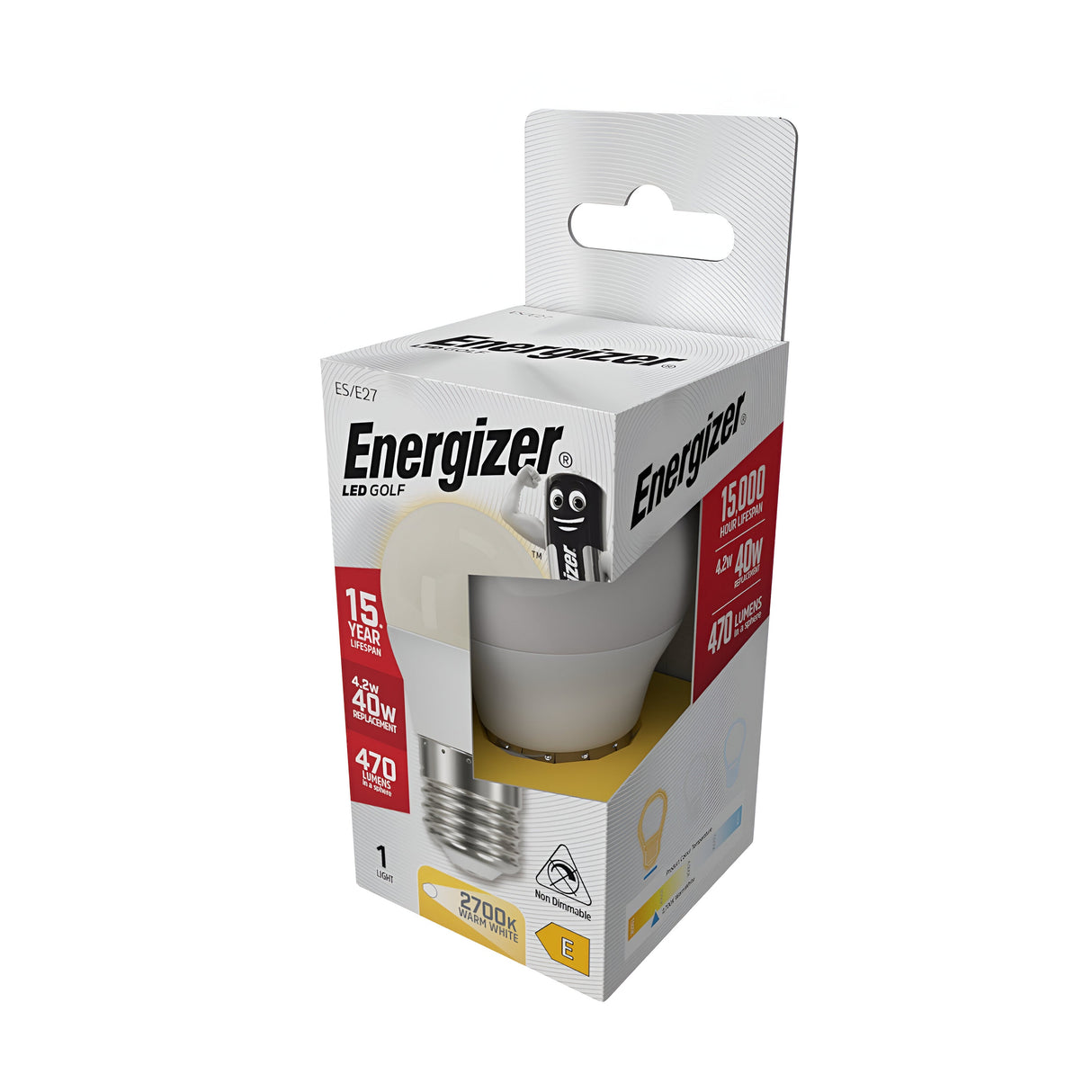 The Energizer 4.2W Non-Dimmable LED Golf Ball Bulb in Warm White (E27, 2700K) box includes a delightful cartoon character and highlights its impressive warm glow. It boasts a lifespan of 15,000 hours and offers energy efficiency comparable to a traditional 40W bulb, providing 470 lumens of inviting light. The packaging also outlines product details and energy rating information.