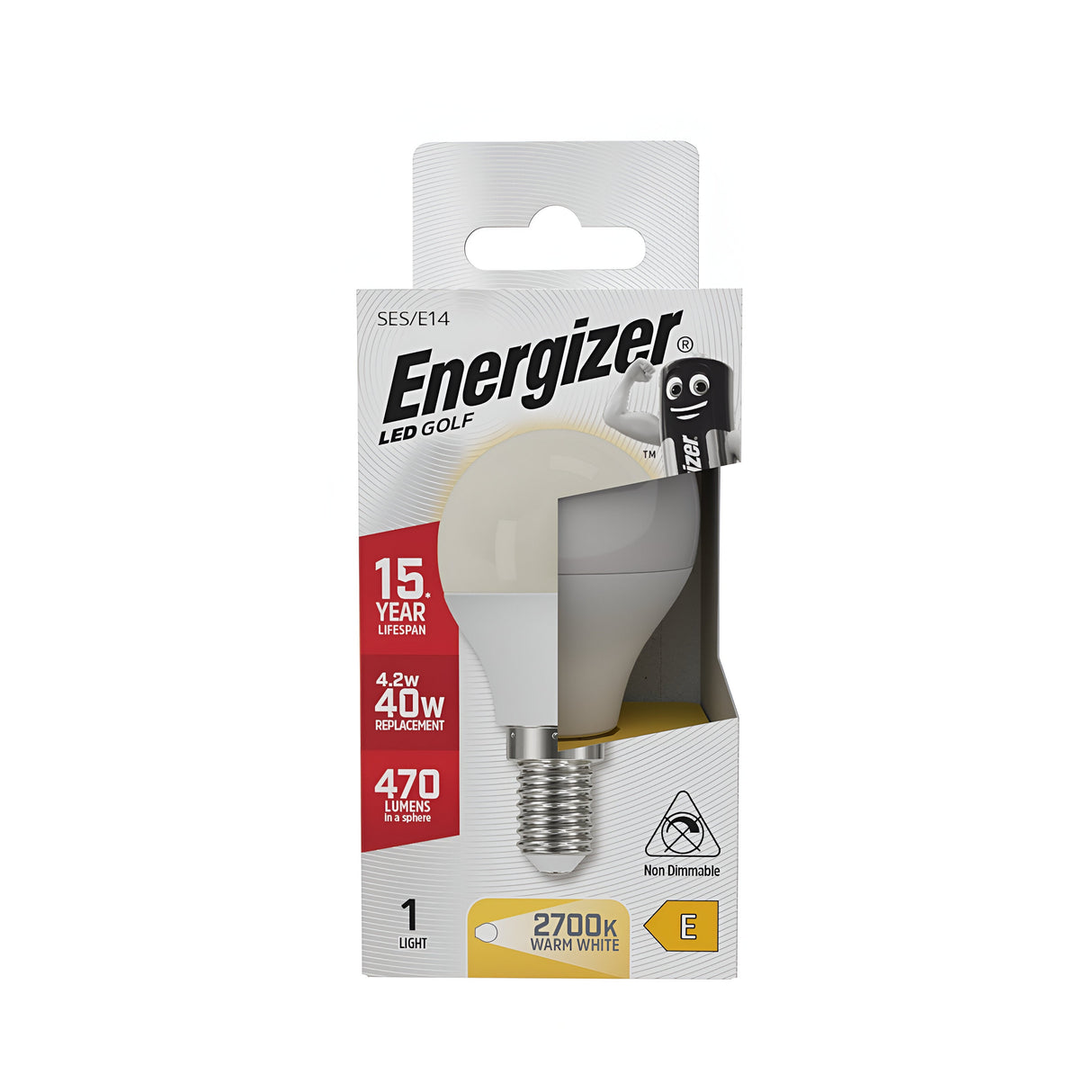 Image of the Energizer 4.2W Non-Dimmable LED Golf Ball Bulb in its packaging, featuring an energy-efficient design with a 15-year lifespan. The box highlights its power equivalent to a traditional 40W bulb, delivering warm white light at 2700K with a bright output of 470 lumens and an E14 base.
