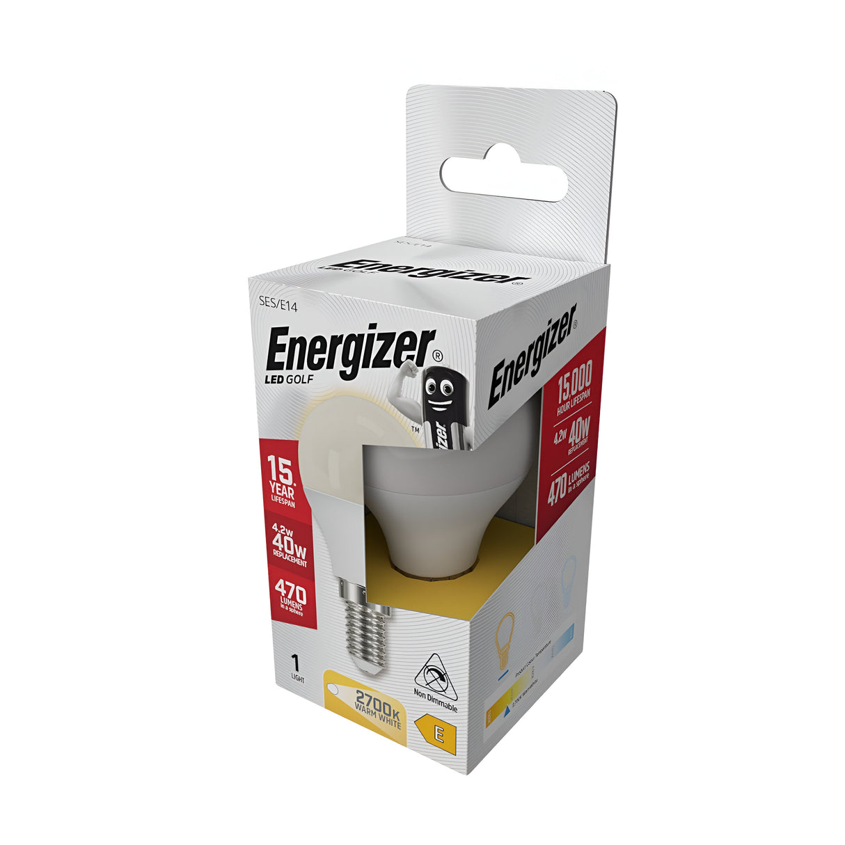 Image of the Energizer 4.2W Non-Dimmable LED Golf Ball Bulb - Warm White, E14, 2700K in its packaging. The box highlights its 15-year lifespan, energy-efficient performance equivalent to a 40W bulb, and brightness of 470 lumens with an inviting warm white light at 2700K. The sleek design of the bulb is visible through a cutout in the packaging.